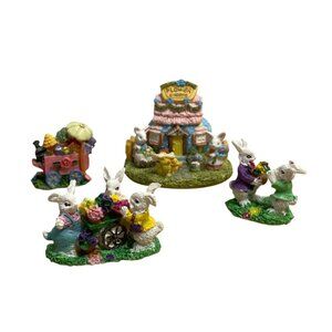 Vtg Easter Bunny Village Flower Shoppe and Rabbit Figurines Chicks Cart Resin
